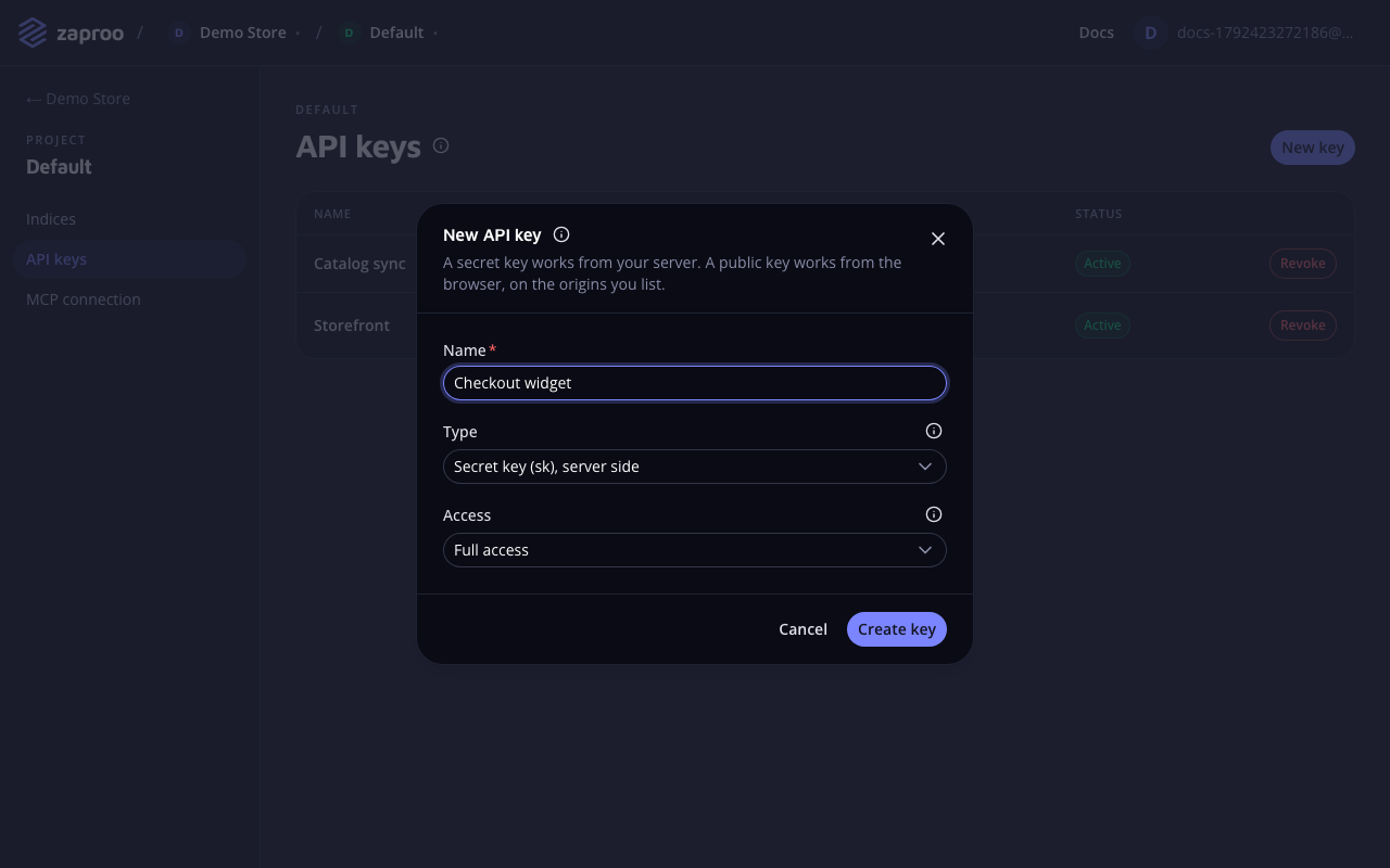 The API keys page with a secret full-access key and a public read key, behind the New API key form with a name, a type and an access select