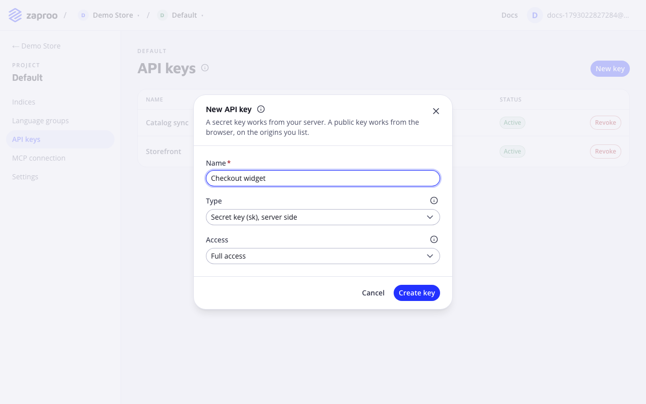 The API keys page with a secret full-access key and a public read key, behind the New API key form with a name, a type and an access select