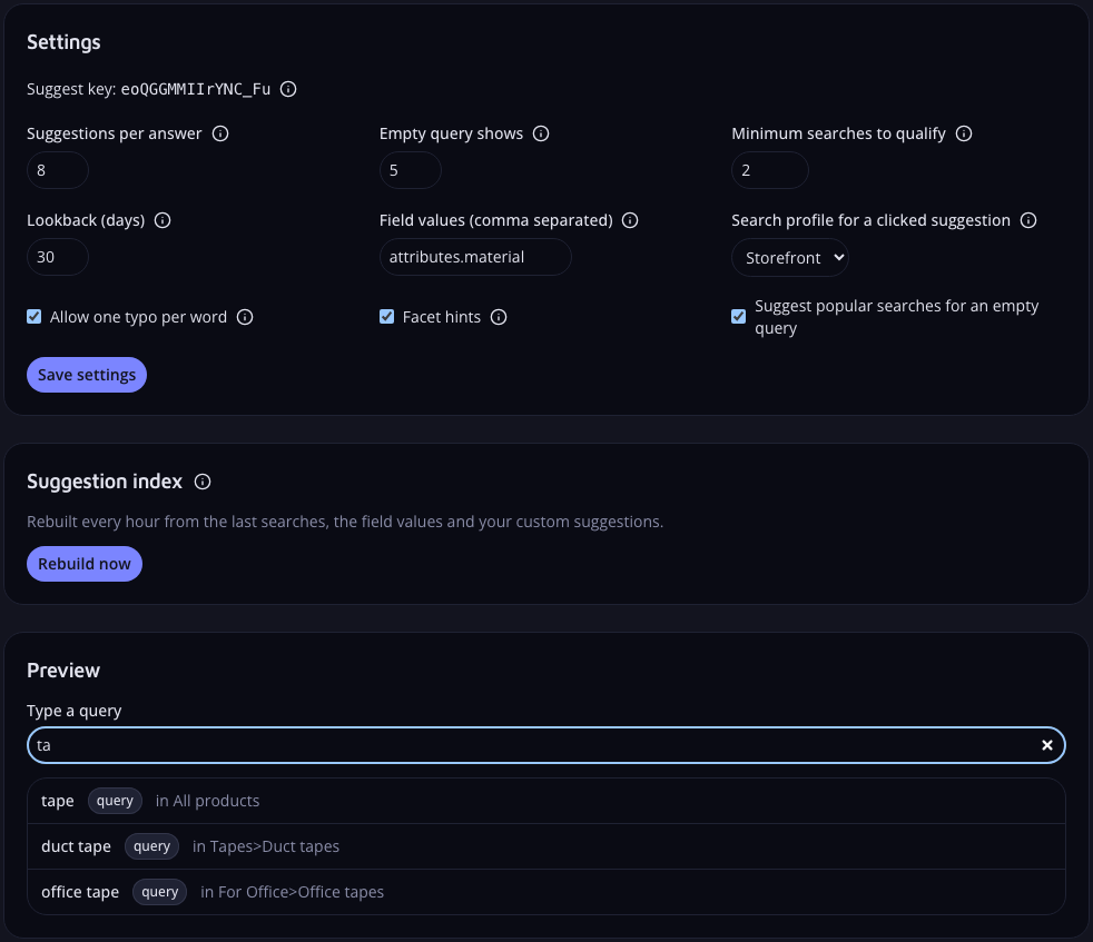 The Autocomplete page with the settings form, the suggestion index with a Rebuild now button, and a preview listing tape, duct tape and office tape for the query ta