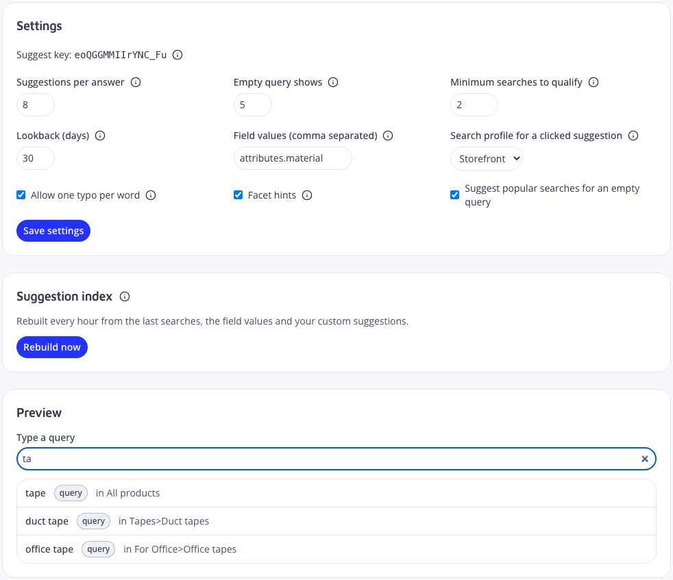 The Autocomplete page with the settings form, the suggestion index with a Rebuild now button, and a preview listing tape, duct tape and office tape for the query ta