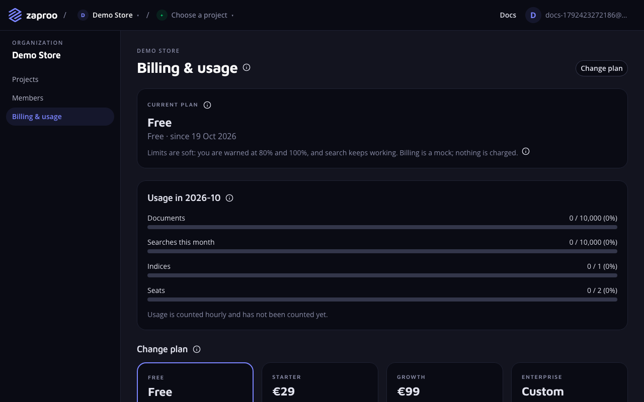The Billing and usage page with the Free plan, usage bars for documents, searches, indices and seats, and the plans to change to