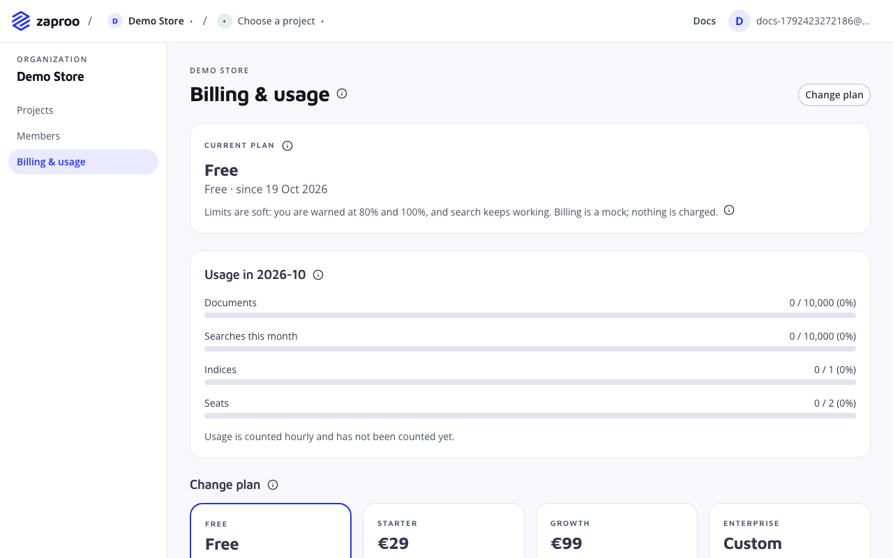 The Billing and usage page with the Free plan, usage bars for documents, searches, indices and seats, and the plans to change to