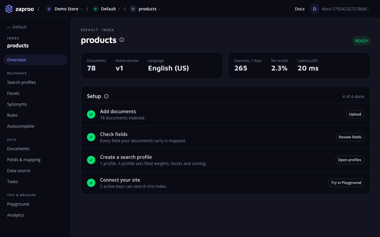 An index overview with the READY badge, the document count, active version v1, the language, search stats and a four-step setup checklist, all done