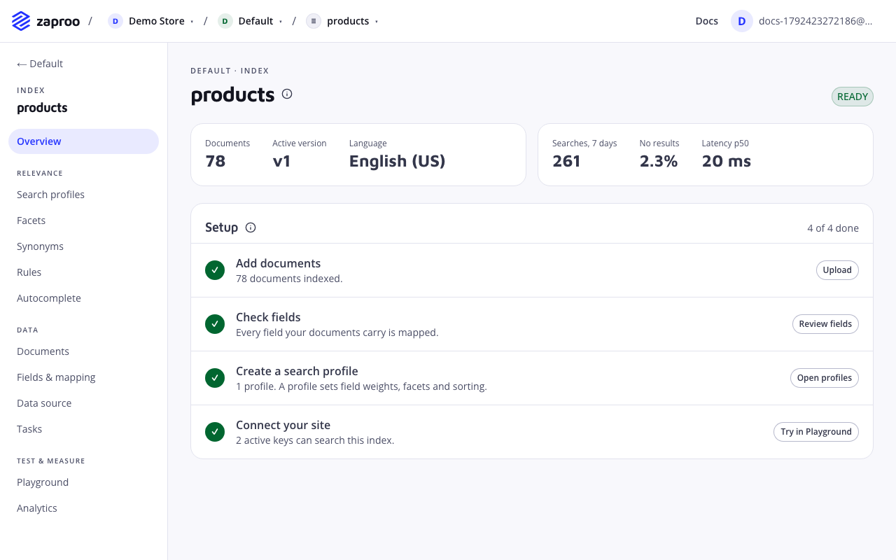 An index overview with the READY badge, the document count, active version v1, the language, search stats and a four-step setup checklist, all done