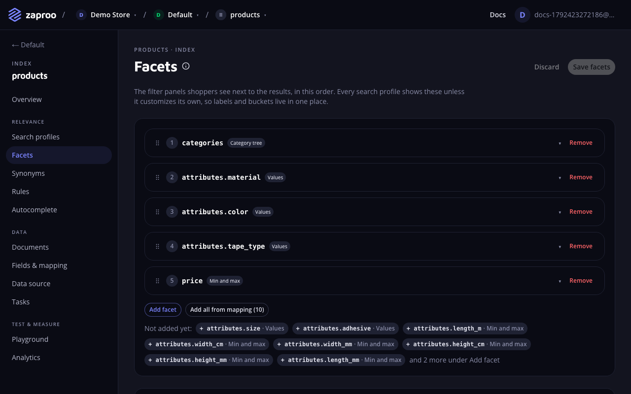 The Facets page with five index facets in order: a category tree, three value facets and a min and max facet for price, and fields not added yet below