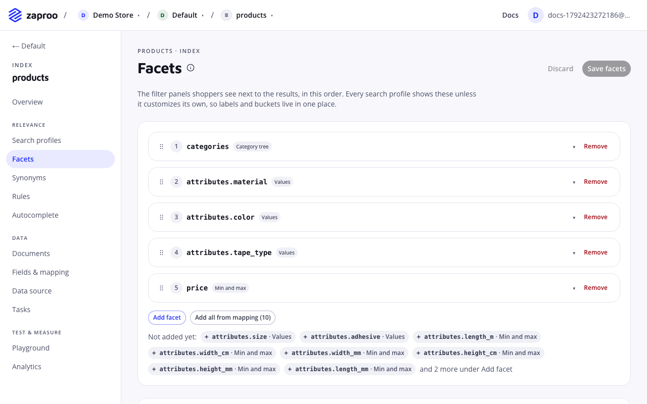 The Facets page with five index facets in order: a category tree, three value facets and a min and max facet for price, and fields not added yet below