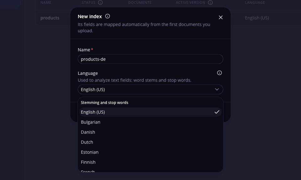The New index dialog with a name field and the language list open, English (US) selected