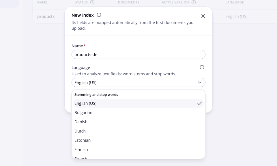 The New index dialog with a name field and the language list open, English (US) selected