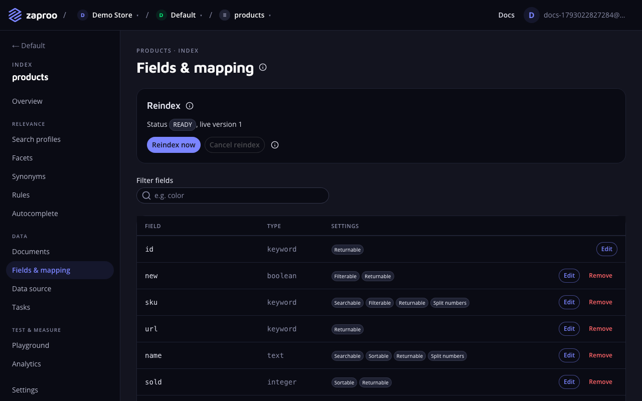 The Fields and mapping page with the reindex panel and a table of fields, each with its type and flag badges such as Searchable, Filterable and Returnable