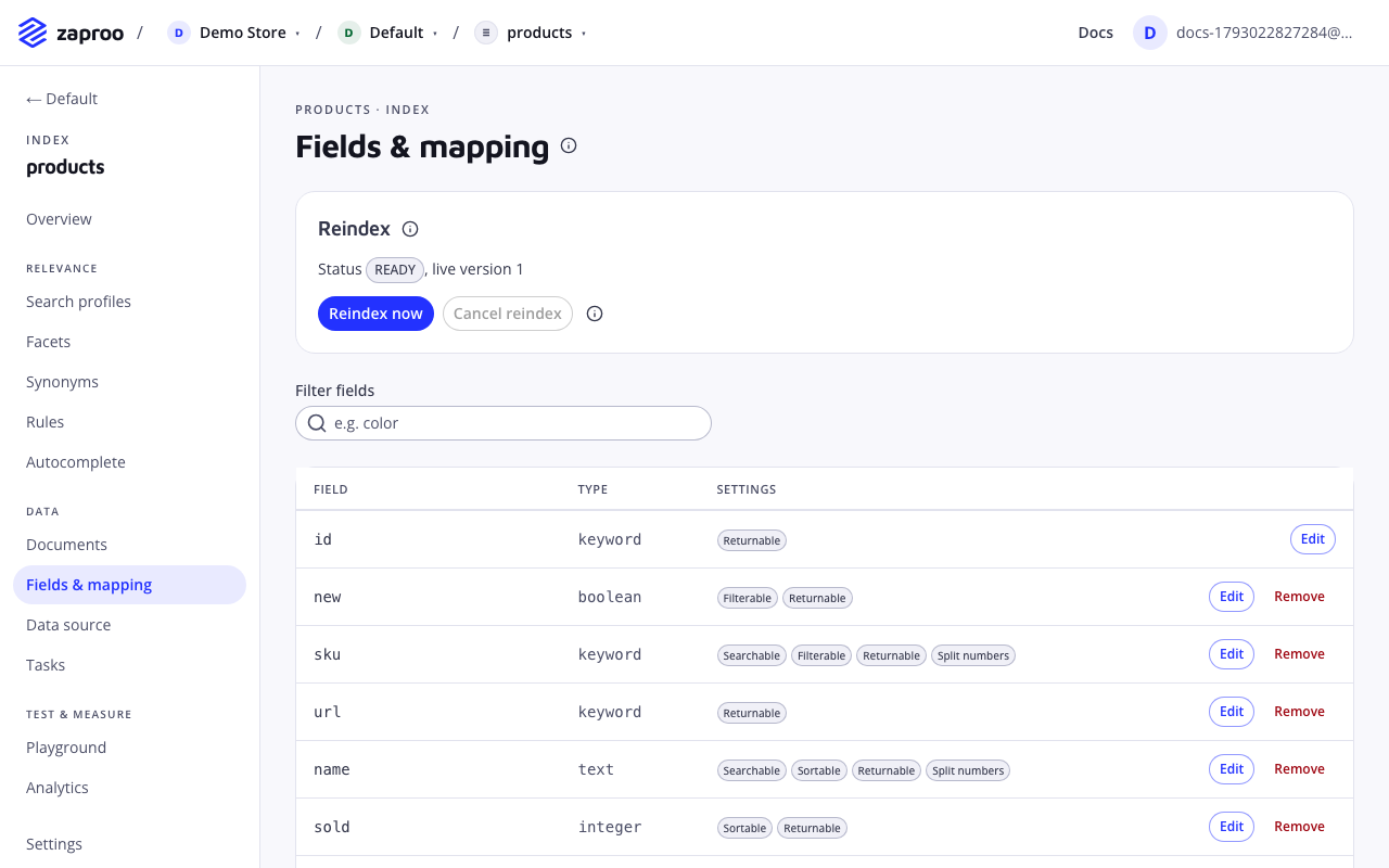 The Fields and mapping page with the reindex panel and a table of fields, each with its type and flag badges such as Searchable, Filterable and Returnable