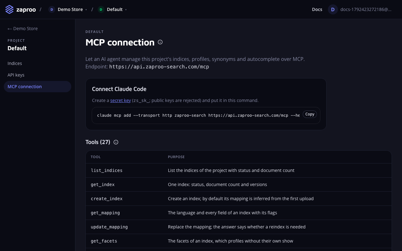 The MCP connection page with the endpoint, the claude mcp add command with a Copy button and the start of the list of 27 tools
