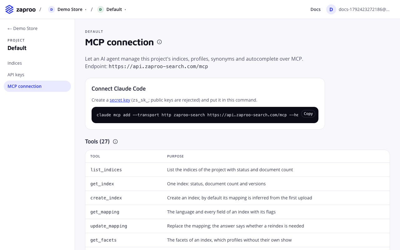 The MCP connection page with the endpoint, the claude mcp add command with a Copy button and the start of the list of 27 tools