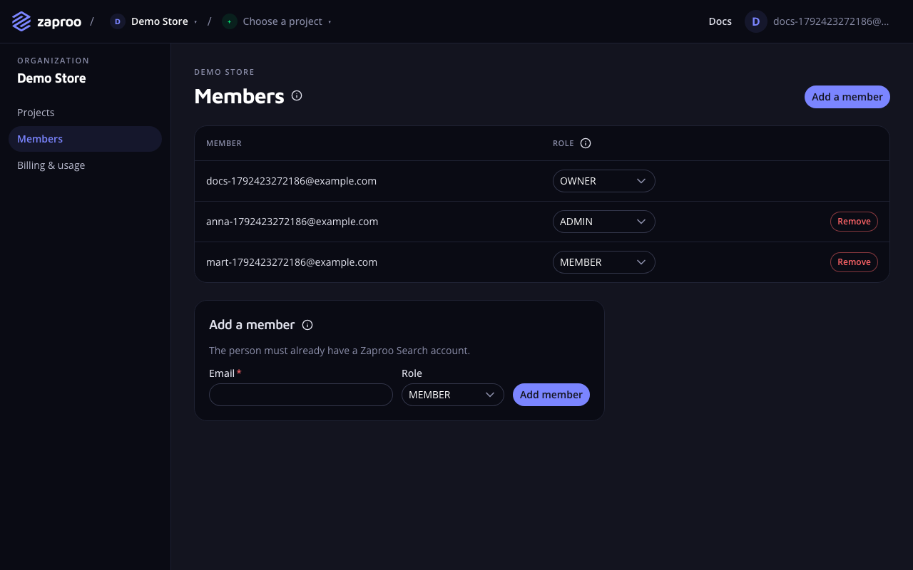 The Members page with an owner, an admin and a member, each with a role select, and the Add a member form