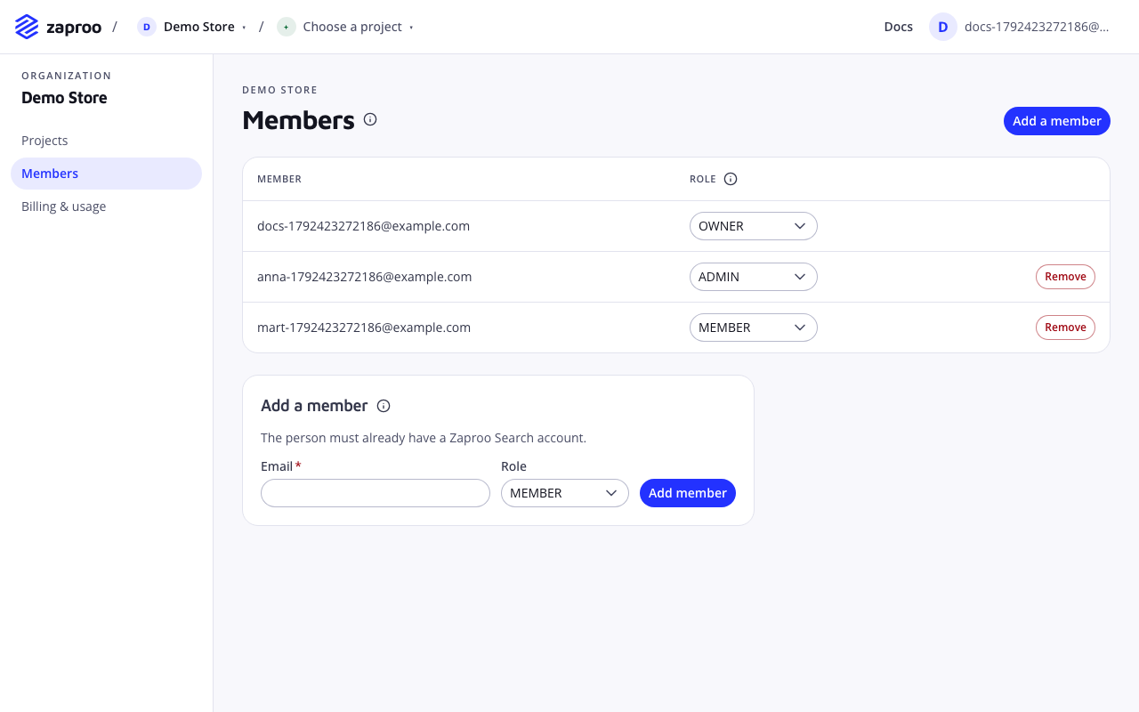 The Members page with an owner, an admin and a member, each with a role select, and the Add a member form