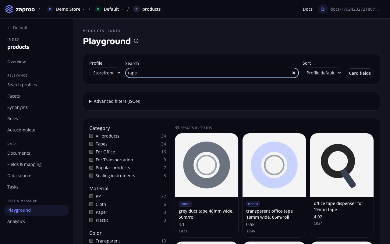 The Playground with the Storefront profile, the query tape, category facets with counts and result cards, the first two marked Pinned