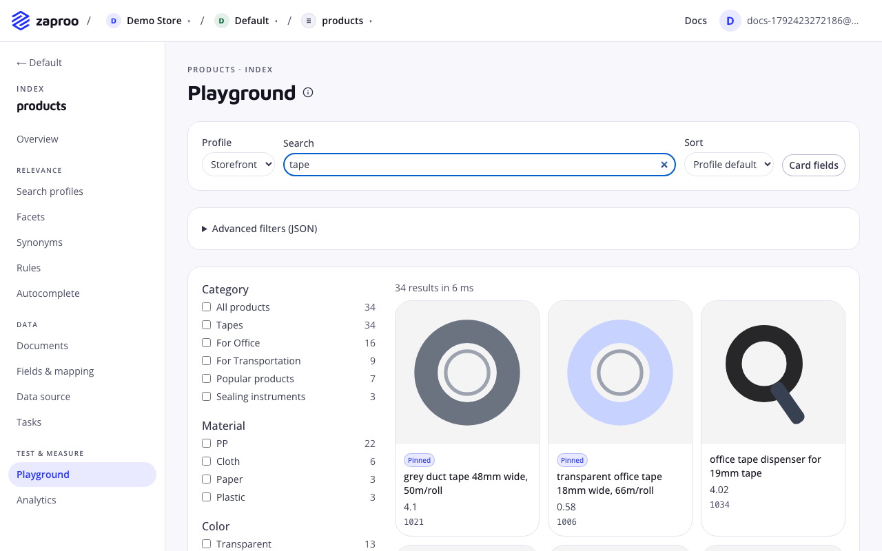 The Playground with the Storefront profile, the query tape, category facets with counts and result cards, the first two marked Pinned