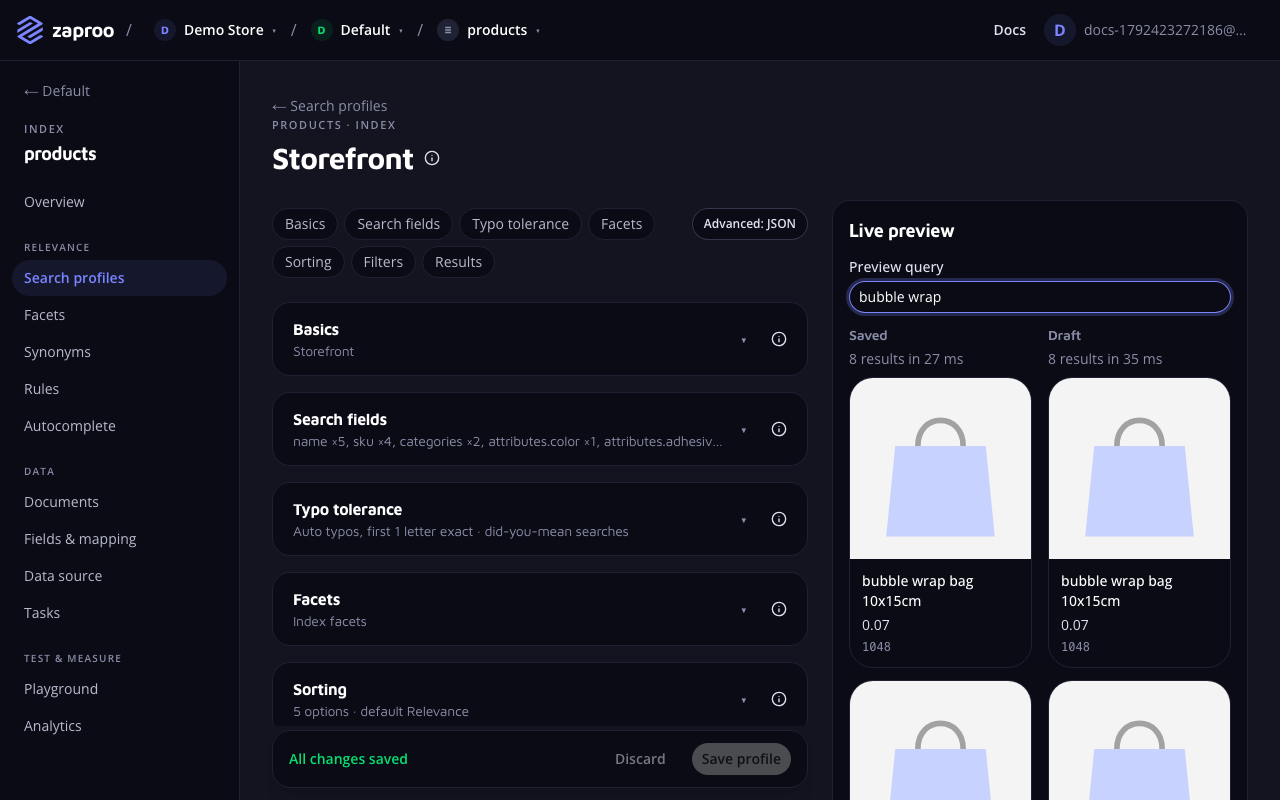 The profile editor for Storefront with collapsible blocks for basics, search fields, typo tolerance, facets and sorting, next to a live preview comparing saved and draft results for bubble wrap