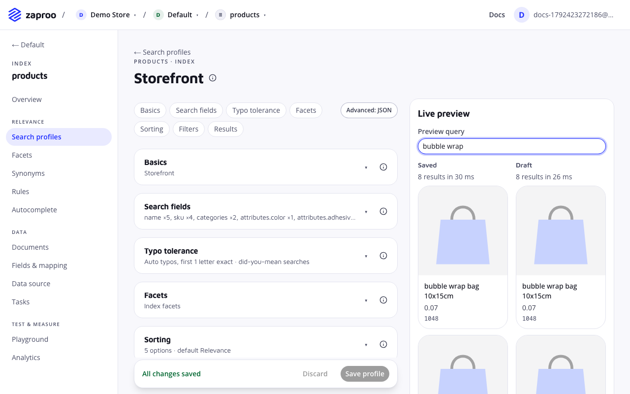 The profile editor for Storefront with collapsible blocks for basics, search fields, typo tolerance, facets and sorting, next to a live preview comparing saved and draft results for bubble wrap