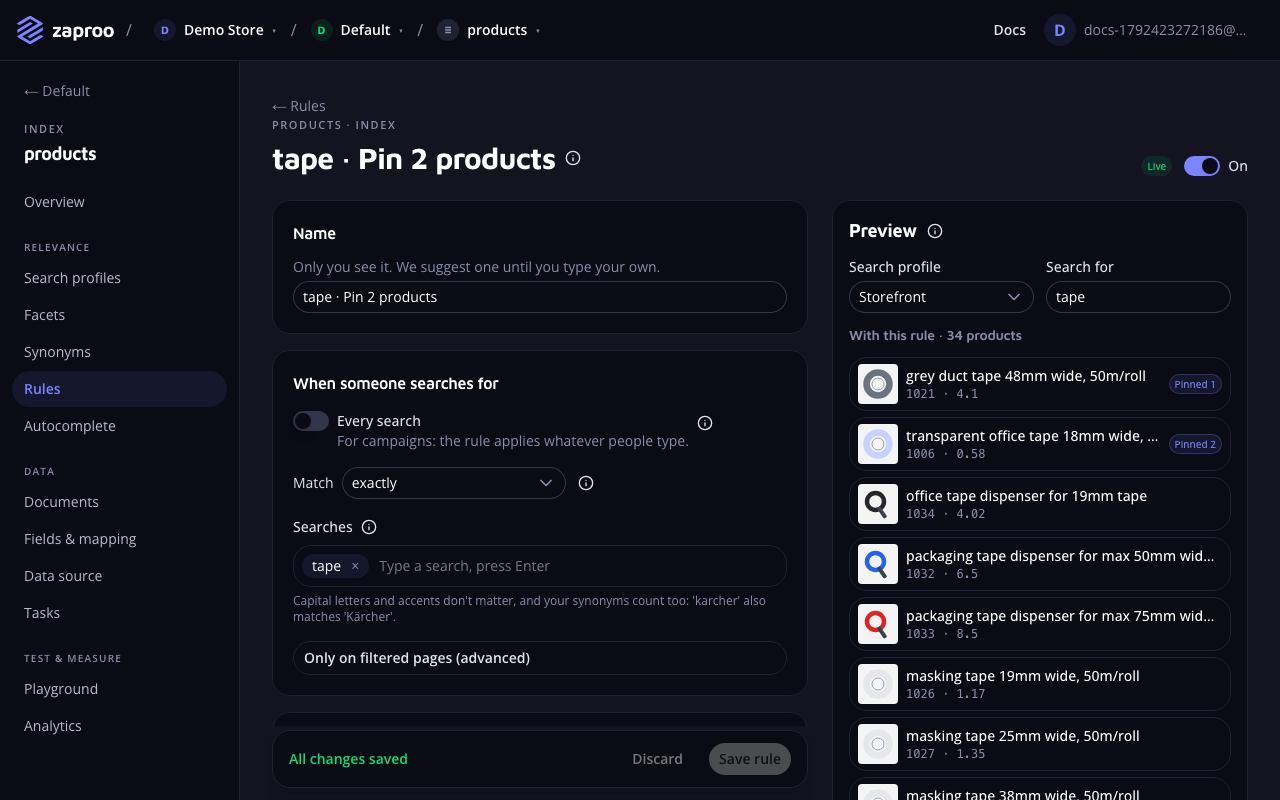 The rule editor for tape with a match of exactly, the search tape, and a preview where the two pinned products come first