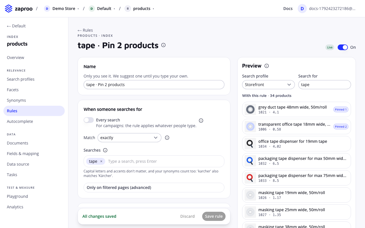 The rule editor for tape with a match of exactly, the search tape, and a preview where the two pinned products come first