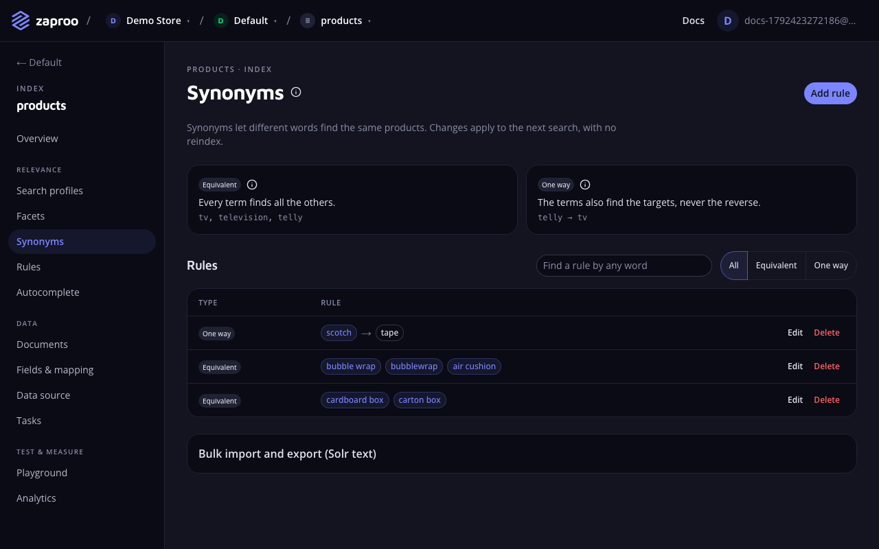 The Synonyms page with an explanation of equivalent and one way rules, a list of rules such as scotch to tape and bubble wrap with bubblewrap and air cushion, and a bulk import and export section