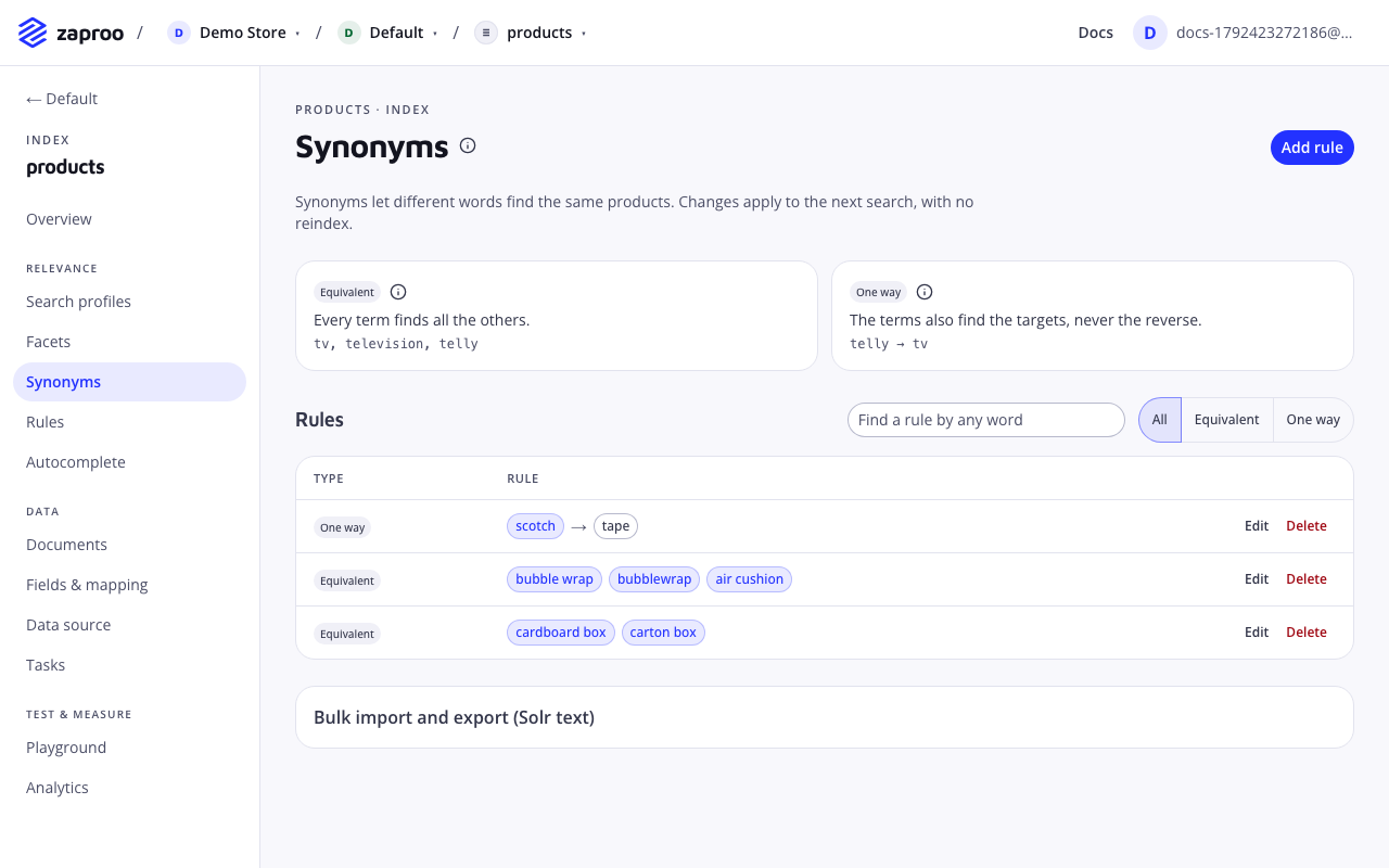 The Synonyms page with an explanation of equivalent and one way rules, a list of rules such as scotch to tape and bubble wrap with bubblewrap and air cushion, and a bulk import and export section