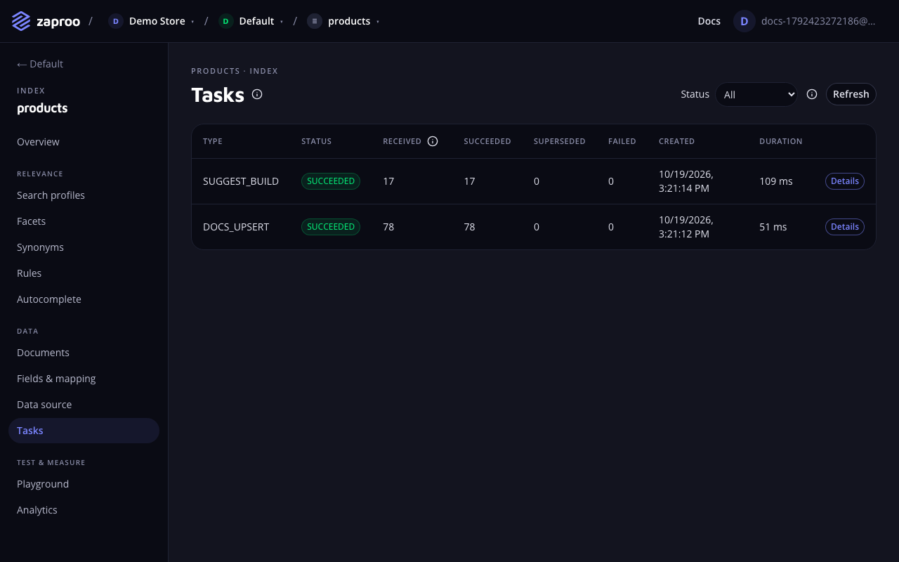 The Tasks page listing a suggestion build and three document upserts, all SUCCEEDED, with received, succeeded, superseded and failed counts and durations